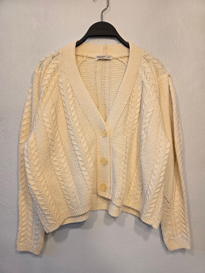 Stradivarius Bej V Yaka Örgü Kadın Hırka - Görsel 2