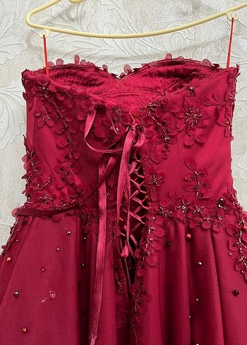 Boncuk İşlemeli Straplez Bordo kına abiyesi - Görsel 4