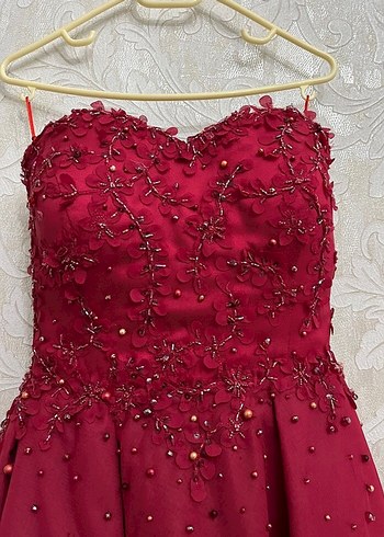 Boncuk İşlemeli Straplez Bordo kına abiyesi - Görsel 3