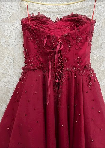 Boncuk İşlemeli Straplez Bordo kına abiyesi - Görsel 2