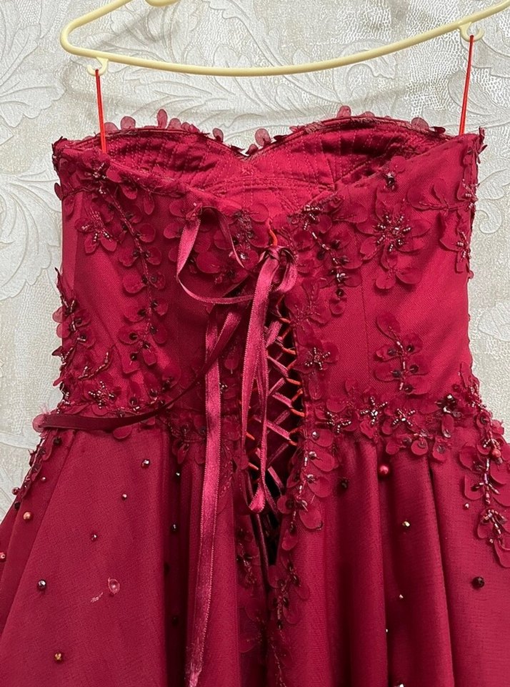 Boncuk İşlemeli Straplez Bordo kına abiyesi - Görsel 4