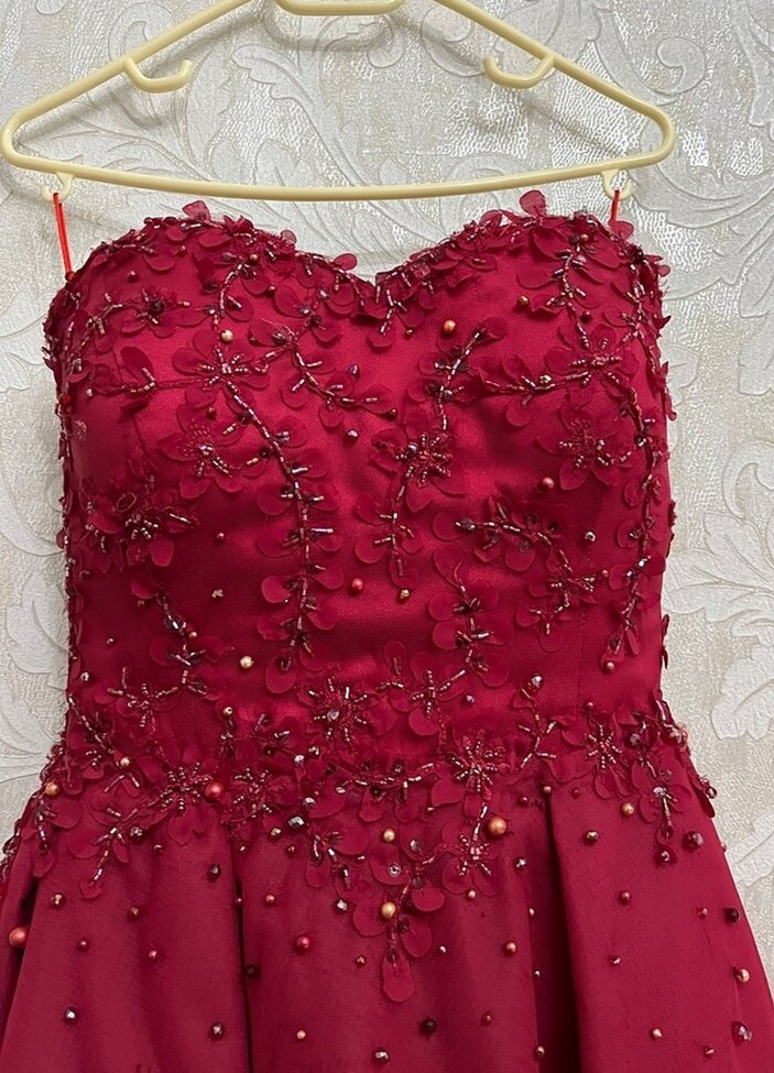 Boncuk İşlemeli Straplez Bordo kına abiyesi - Görsel 3