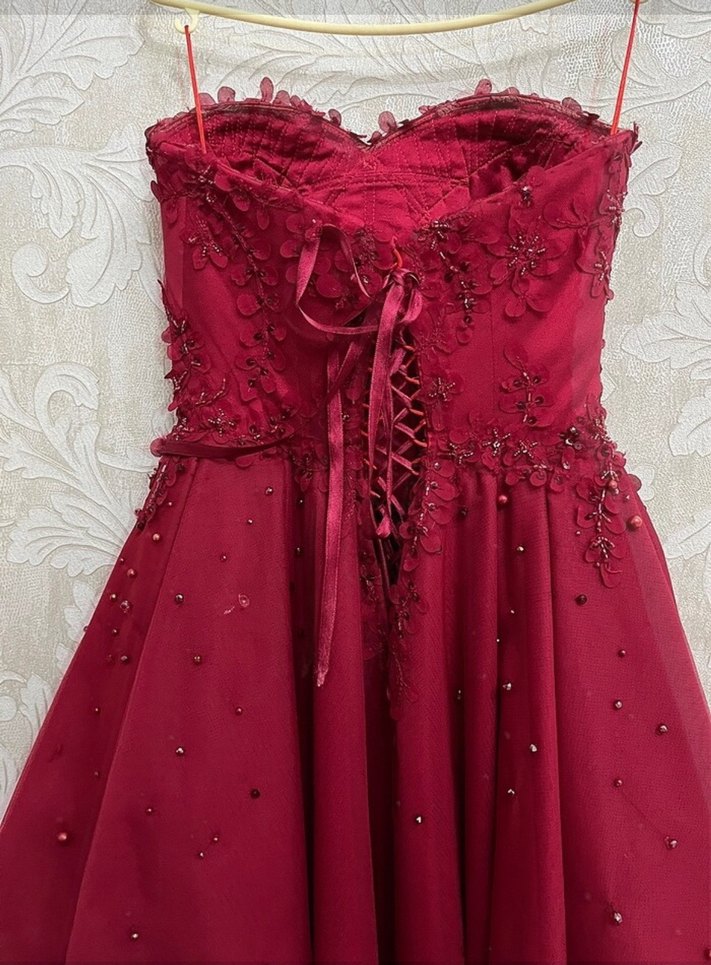 Boncuk İşlemeli Straplez Bordo kına abiyesi - Görsel 2