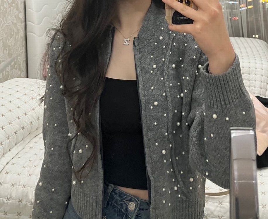 İnci detaylı gri kadın hırka  - Görsel 3