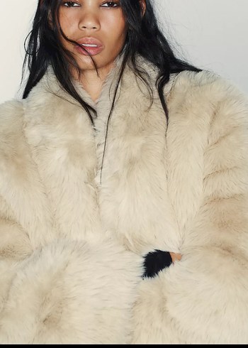 Zara Bej Kürklü Uzun Kollu Kadın Ceket - Görsel 5