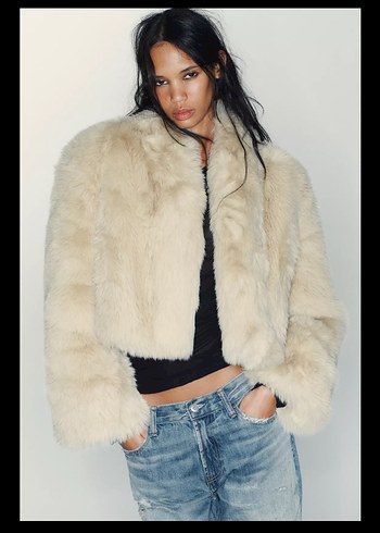 Zara Bej Kürklü Uzun Kollu Kadın Ceket - Görsel 2