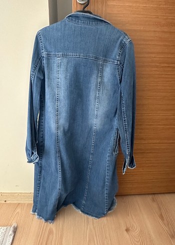 Düğmeli Uzun Mavi Kadın Denim Ceket - Görsel 2