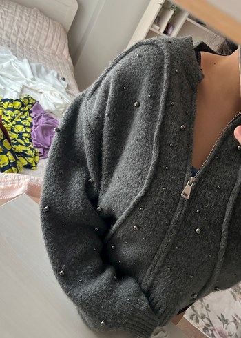 Gri Nakışlı Triko Kadın ceket - Görsel 4