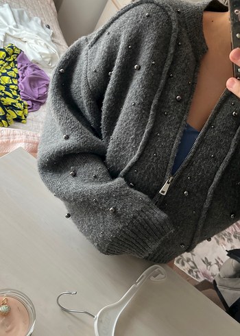 Gri Nakışlı Triko Kadın ceket - Görsel 3