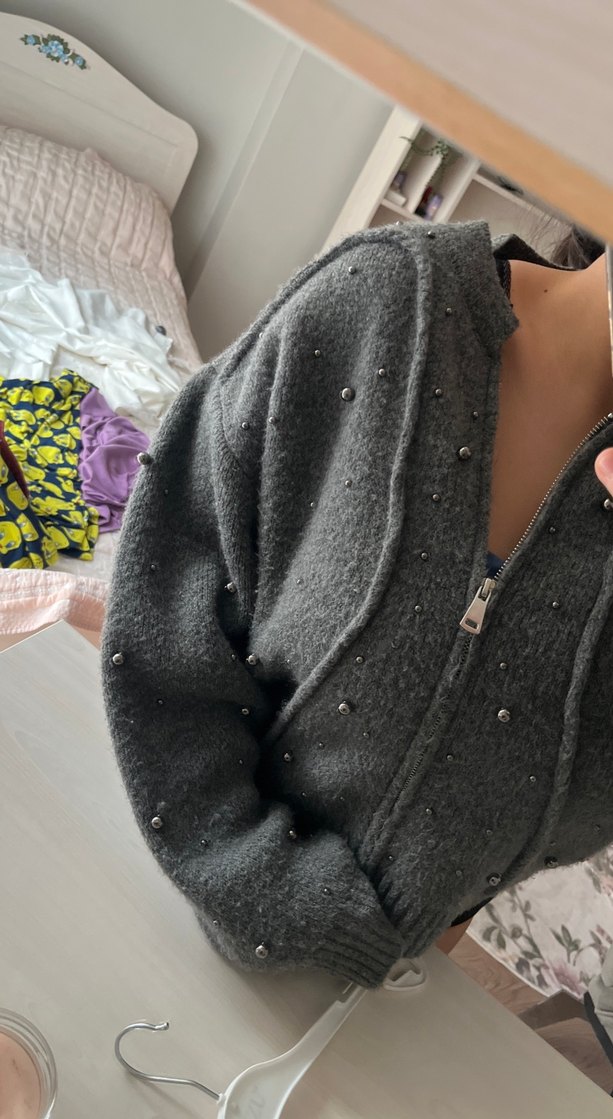 Gri Nakışlı Triko Kadın ceket - Görsel 4