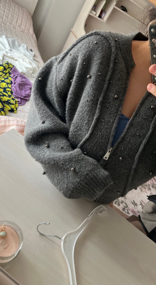 Gri Nakışlı Triko Kadın ceket - Görsel 3