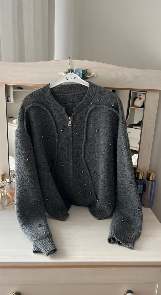 Gri Nakışlı Triko Kadın ceket - Görsel 2