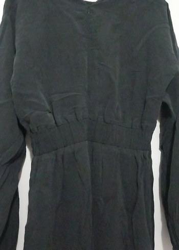 Uzun Siyah Keten V Yaka Elbise - Görsel 6