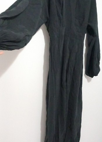 Uzun Siyah Keten V Yaka Elbise - Görsel 4