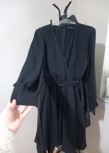 Siyah Midi Uzun Kollu Kemerli Elbise - Görsel 2