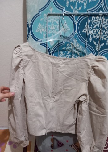 Bej Keten V Yaka Uzun Kollu Bluz - Görsel 4