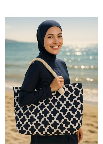 Siyah Etnik Desenli Fermuarlı Plaj Çantası