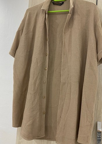 Bej Keten Düğmeli Midi Gömlek - Görsel 3