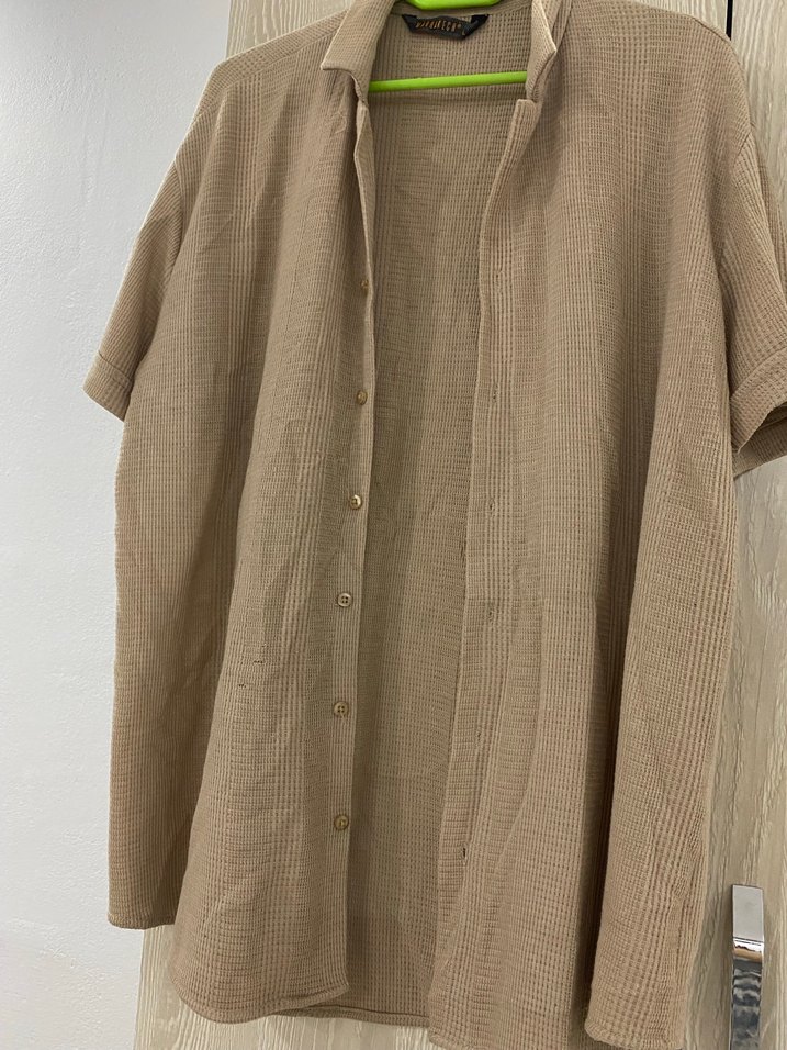 Bej Keten Düğmeli Midi Gömlek - Görsel 3