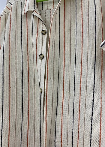 Bej Çizgili Kısa Kollu Keten Gömlek - Görsel 3