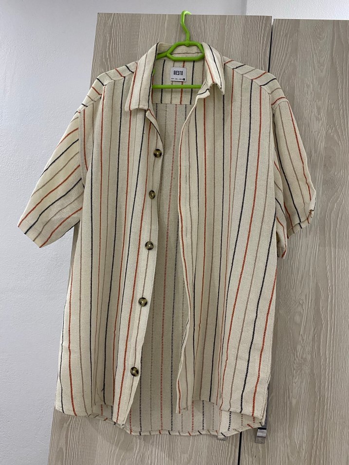 Bej Çizgili Kısa Kollu Keten Gömlek - Görsel 4