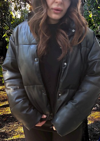 Düğmeli Siyah Deri Kadın Kışlık deri mont - Görsel 5