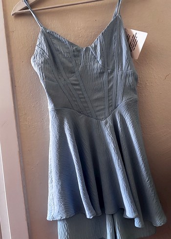 Mavi Pilili V Yaka kısa Kadın Elbise, şortlu - Görsel 2