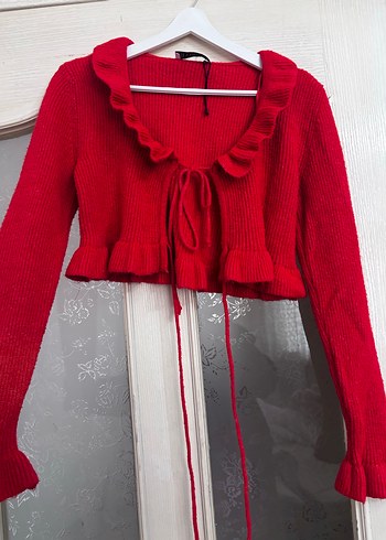 Kırmızı Örgü V Yakalı Kadın Kazak - Görsel 2