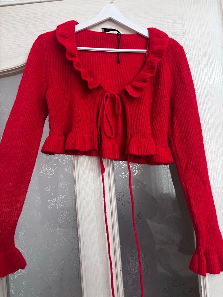 Kırmızı Örgü V Yakalı Kadın Kazak - Görsel 2