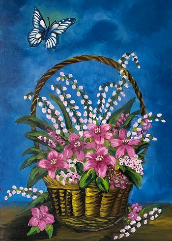 Sepette Pembe ve Beyaz Çiçekler Tablosu 35/50 - Görsel 2