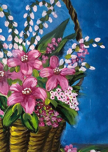 Sepette Pembe ve Beyaz Çiçekler Tablosu 35/50 - Görsel 4