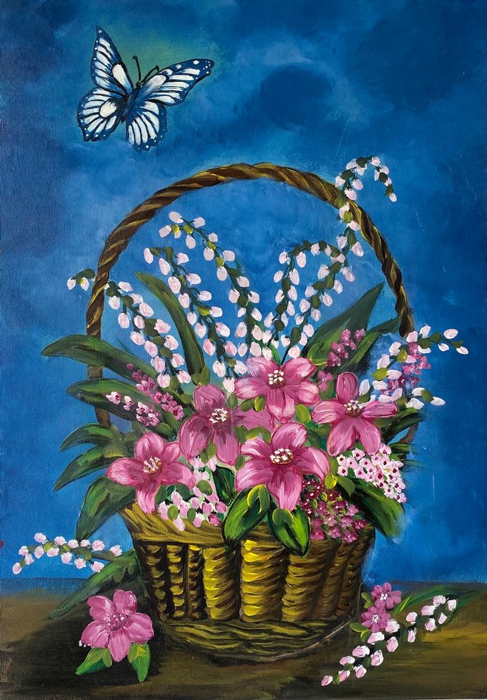 Sepette Pembe ve Beyaz Çiçekler Tablosu 35/50 - Görsel 2