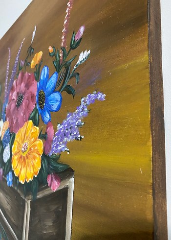 Renkli Çiçekler ve Ahşap Kutu Yağlı Boya Tablo - Görsel 7