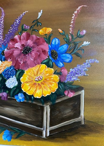 Renkli Çiçekler ve Ahşap Kutu Yağlı Boya Tablo - Görsel 3