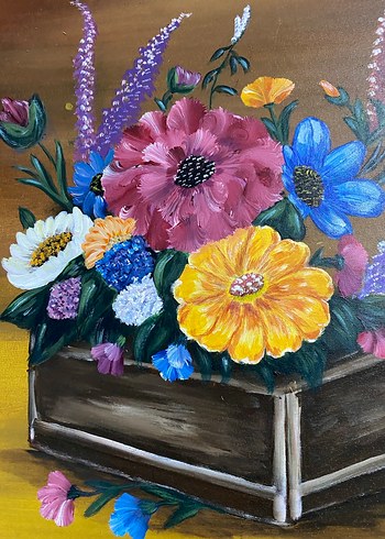 Renkli Çiçekler ve Ahşap Kutu Yağlı Boya Tablo - Görsel 4