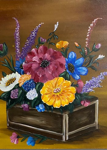 Renkli Çiçekler ve Ahşap Kutu Yağlı Boya Tablo - Görsel 2