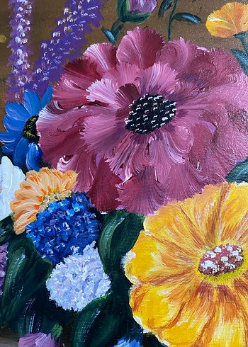 Renkli Çiçekler ve Ahşap Kutu Yağlı Boya Tablo - Görsel 5