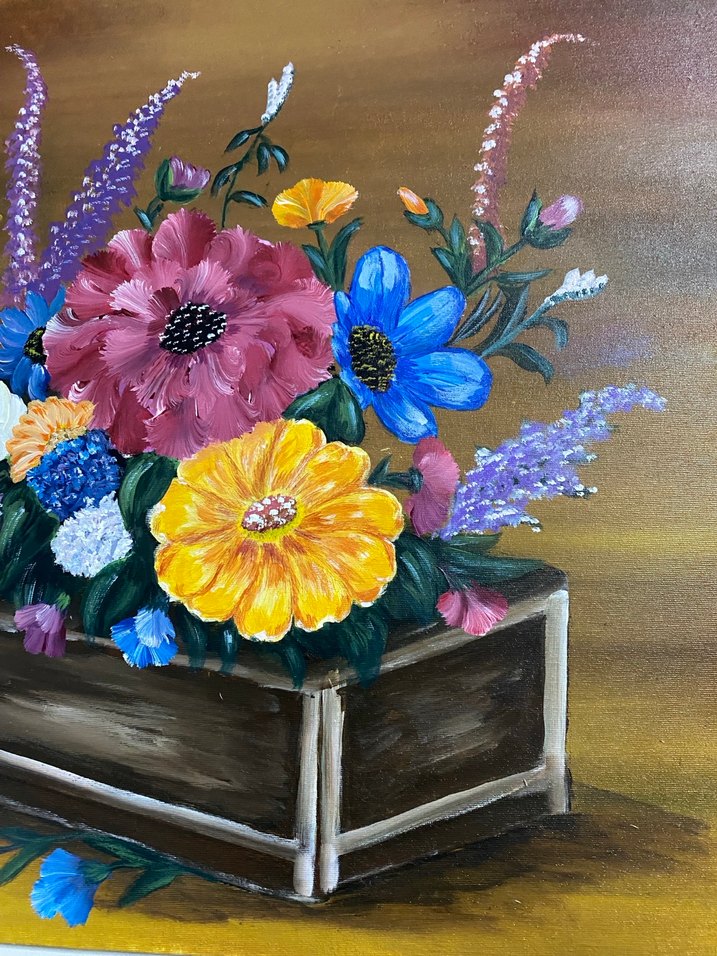Renkli Çiçekler ve Ahşap Kutu Yağlı Boya Tablo - Görsel 3