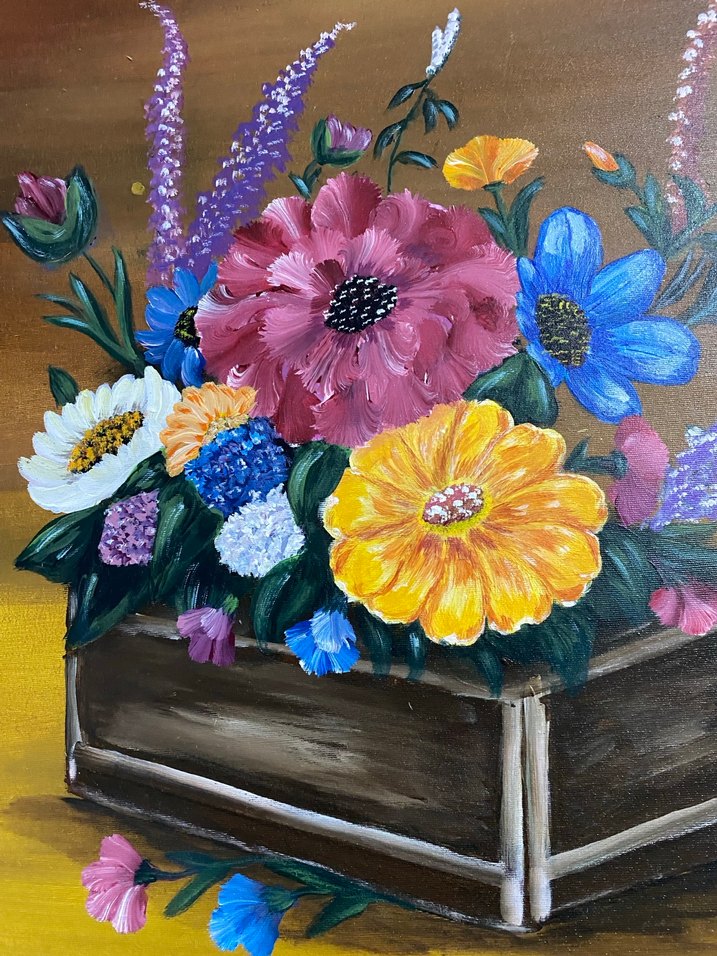 Renkli Çiçekler ve Ahşap Kutu Yağlı Boya Tablo - Görsel 4