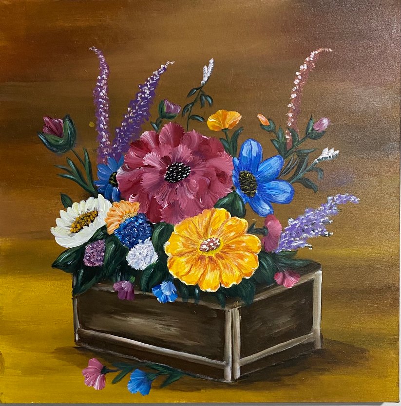 Renkli Çiçekler ve Ahşap Kutu Yağlı Boya Tablo - Görsel 2