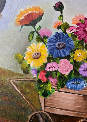 Çiçekli Ahşap Araba Akrilik Boya Tablo 35/50 - Görsel 4