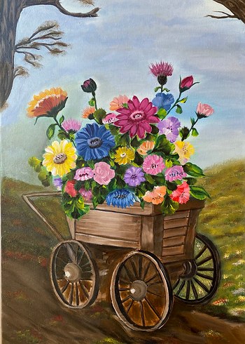 Çiçekli Ahşap Araba Akrilik Boya Tablo 35/50 - Görsel 2