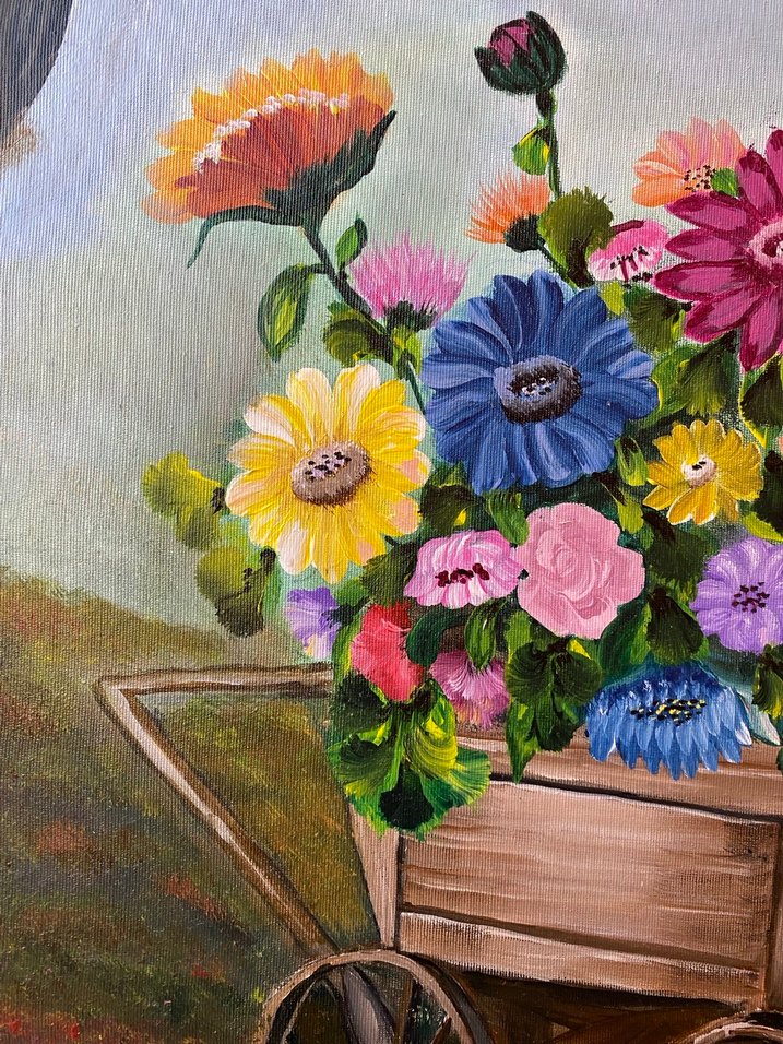 Çiçekli Ahşap Araba Akrilik Boya Tablo 35/50 - Görsel 4