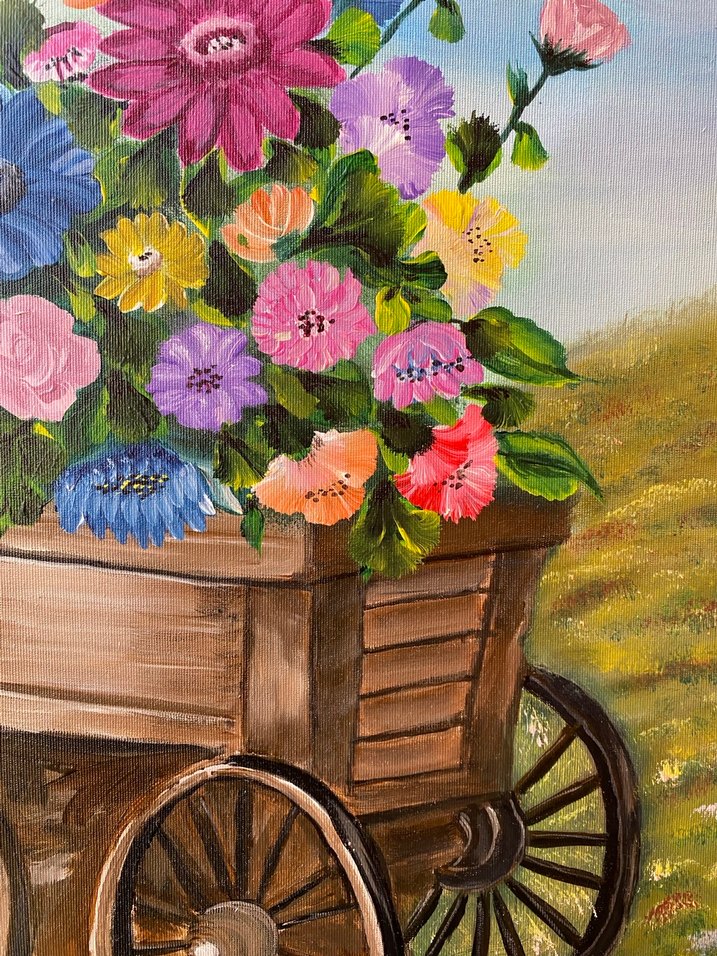 Çiçekli Ahşap Araba Akrilik Boya Tablo 35/50 - Görsel 3