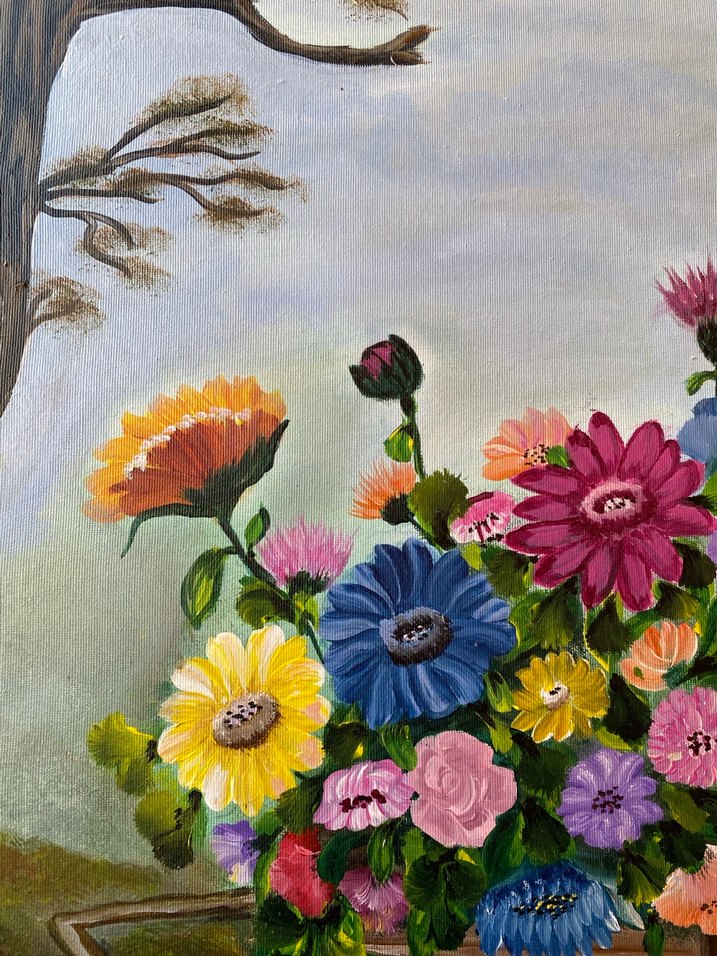 Çiçekli Ahşap Araba Akrilik Boya Tablo 35/50 - Görsel 5