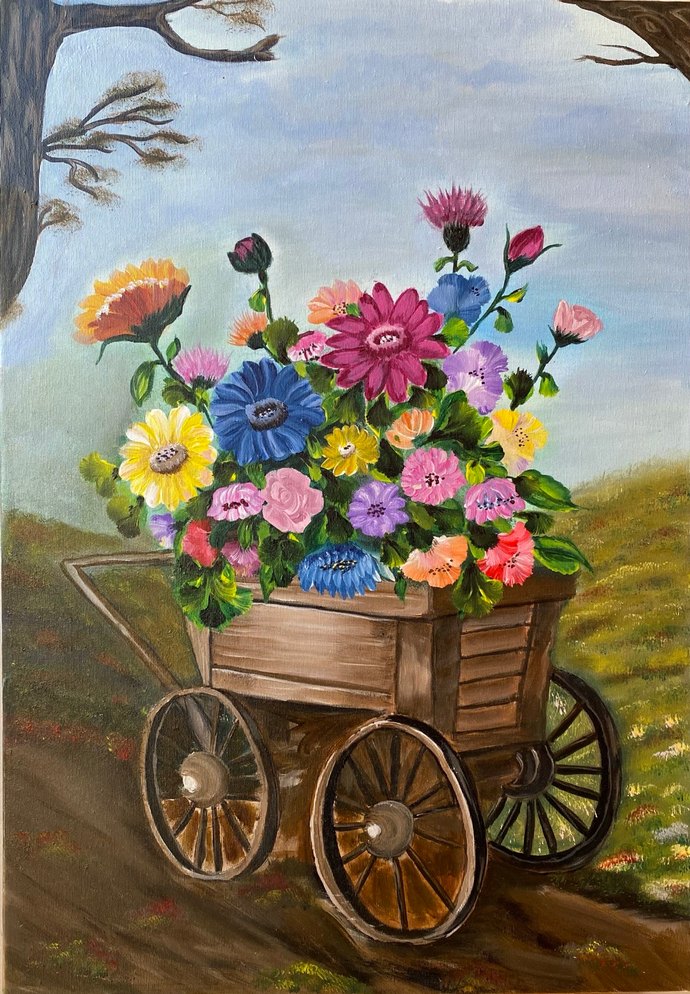 Çiçekli Ahşap Araba Akrilik Boya Tablo 35/50 - Görsel 2