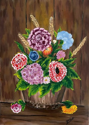 Çiçek ve Buğday Temalı Karanlık Renkli Tablo - Görsel 2