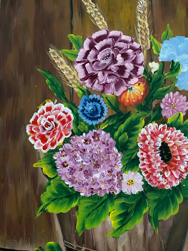 Çiçek ve Buğday Temalı Karanlık Renkli Tablo - Görsel 5