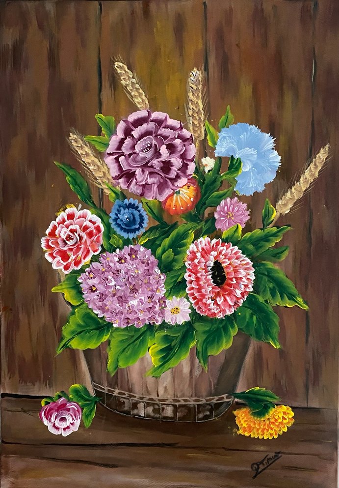 Çiçek ve Buğday Temalı Karanlık Renkli Tablo - Görsel 2