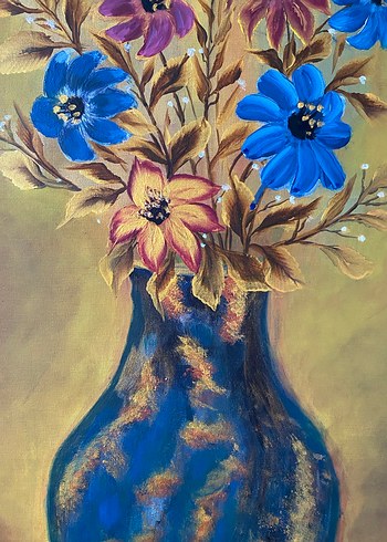 Koyu Mavi Vazo ve Çiçekler Tablosu - Görsel 4